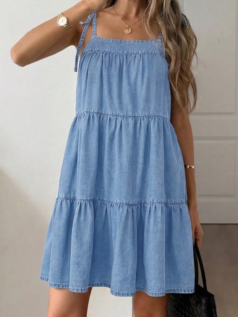 Western Light Wash Denim Adjustable Straps Ruffle Hem Dress - Picture 3 of 5